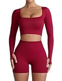 Niipty Two Piece Workout Set for Women Long Sleeve Top Matching High Waist Scrunch Butt Shorts Gym Sets Yoga Outfits Sets - Red M