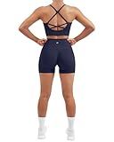 SUUKSESS Women Seamless 2 Piece Workout Sets Criss Cross Padded Sports Bra High Waist Booty Shorts Outfits (Navy Blue, M)