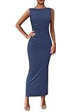 PRETTYGARDEN Women's 2026 Summer Semi Formal Midi Dresses Sleeveless Ruched Bodycon Long Elegant Cocktail Wedding Guest Dress (Dark Blue,Large)