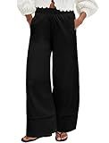 DLOODA Women's Wide Leg Linen Pants High Waisted Cotton Beach Palazzo Pants with Pockets Black L