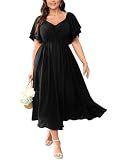 SCOMCHIC Women's Plus Size Wedding Guest Cocktail Dresses Sweetheart Neckline Ruffle Sleeve A Line Maxi Dress Black