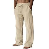 Puimentiua Cotton Linen Pants Men Casual Loose Fit Elastic Drawstring Waist Summer Beach Pants(Light Khaki, L)