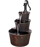 Alpine Corporation TEC234BR Outdoor Floor Tiered Rustic Pump and Barrel Water Fountain, Old-Fashioned Waterfall, 40", Brown