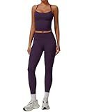 Womens Workout Sets Two Piece Seamless Stretch Cross Back Tank Top Matching Tummy Control High Waist Leggings Set 2 Piece For Women Gym Yoga Active Wear Outfits Athletic Work Out Clothes Dark Purple S