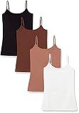 Amazon Essentials Women's Slim-Fit Camisole with Adjustable Straps, Layering Cami, Pack of 4, Black/Brown/Light Brown/White, Medium