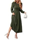 dowerme Women's Dresses 2025 Fall Puff Long Sleeve Crewneck Smocked Tiered Flowy A-Line Boho Wedding Party Maxi Dress(Army Green,X-Large)