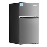 Upstreman 3.1 Cu.Ft Mini Fridge with Freezer, Double Door Small Fridge, Dorm Essentials, Adjustable Thermostat, Energy Saving, Mini Refrigerator for Office, Dorm,Bedroom, Stainless