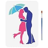 FINGERINSPIRE Couple in The Rain Stencil with 1 Pc Plastic Paint Brush 8.3x11.7 inch Couple Hugging Drawing Template Couple Holding Umbrella Stencils for Painting on Wood Wall Fabric Furniture