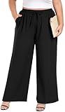 Lastshe Women's Plus Size Pants High Waist Wide Leg Work Casual Palazzo Trousers with Pockets Summer Commute Linen Outfits for Curvy Slacks,Black,2X