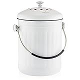 RED FACTOR Premium Compost Bin for Kitchen Countertop - Stainless Steel Food Waste Bucket with Innovative Dual Filter Technology - Includes Spare Filters (White, 1.3 Gallon)