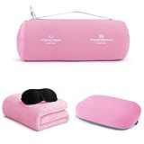 urnexttour 4-in-1 Travel Pillow & Blanket Set with Eye Mask, Memory Foam Neck Support, 50x65 Inch Blanket, Storage Bag for Airplane, Car, Train, Home Travel Pink
