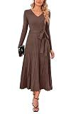 Arach&Cloz Women's Wool Blend Fall Long Sleeve Midi Sweater Dress Coffee