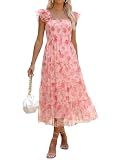 ANRABESS Women Summer Floral Midi Dress Sleeveless Boho Flowy Smocked RuffleTulle Beach Vacation Wedding Guest Party Dresses Large