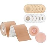 Boob Tape Kit for Breast Lift, 3Inch, with 2Pcs Silicone and 10Pcs Non-Woven Nipple Covers, Push Up Boobytape for A-G Cup, Breathable and Invisible Adhesive for Backless Dresses and Strapless(Beige)