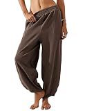 Himosyber Women Cotton Pants Wide Leg Pants Casual Loose Baggy Elastic Waist Beach Palazzo Harem Pants (Coffee-Small)
