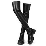 CouieCuies Black Thigh High Boots For Women Platform Over The Knee High Boots Lug Sole Comfortable Stretch Boots Low Heels Black 7