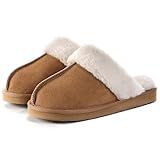 OOW Fuzzy Slippers for Women Cozy Faux Fur House Shoes Winter Warm Memory Foam Slippers for Indoor and Outdoor Chestnut Size 8