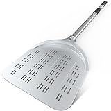 Pizza Peel – 12'' Extra Long Aluminum Perforated Launch Placement Retrieving Peel – Metal Hanging Hook – Lightweight Turning Peel – Non-stick Pizza Paddle – Outdoor Pizza Oven Accessories