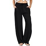 FireSwan Womens Palazzo Pants Casual Drawstring Flowy Pants Wide Leg Summer Beach Linen Trousers with Pockets Black