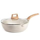 CAROTE 12Inch Nonstick Deep Frying Pan with Lid, 5.5 Qt Jumbo Cooker Saute Pan with Pour Spout, Skillet Induction Cookware, Non Stick Cooking Pan Kitchen Pan PFOA Free, White Granite