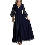 XNC Long Sleeve Dresses for Women 2026 Spring Summer Casual Boho Floral Chiffon Dress Tulle Flowy Maxi Wedding Guest Dress Navy