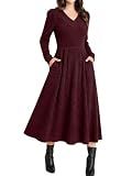 ANRABESS Womens Long Sleeve V Neck A Line Fall Midi Dress,Burgundy,XL