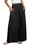 ANRABESS Women Palazzo Pants Summer Boho Bagyy Wide Leg High Smocked Waist Casual Loose Lounge Pant with Pocket Black XX-Large