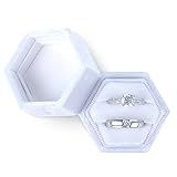 DesignSter Velvet Ring Box Hexagon - Premium Gorgeous Vintage Double Ring Display Holder with Detachable Lid for Proposal, Engagement, Wedding, Ceremony (White)