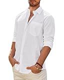 DEMEANOR Linen Shirts for Men Long Sleeve Cotton Casual Beach Summer Wedding Lightweight Button Down Shirt with Pocket White Large