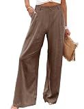 Hooever Womens Cotton Linen Pants Casual Button Up High Waisted Wide Leg Trousers(Brown-Large)