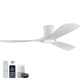 52in Smart Low Profile Ceiling Fans with Lights Remote,Quiet DC Motor,Outdoor Indoor Flush Mount Ceiling Fan,Control with WIFI Alexa App,Dimmable,6-speed,3 White Wood blades,for Modern Bedroom Patio