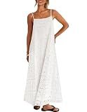 MEROKEETY Women's Summer Spaghetti Straps Sundress 2026 Casual Sleeveless Floral Lace Eyelet Boho Beach Maxi Dress, White, Large