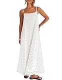 MEROKEETY Womens Summer Maxi Dress Boho Spaghetti Straps Sundress, White, L