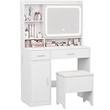 Hogxp Vanity Desk with Sliding Mirror & Power Outlets - Dimmable LED Lighting, 4 Open Shelves, 2 Drawers, 1Storage Cabinet & Padded Stool - Ideal Bedroom Makeup Dressing Table （White）