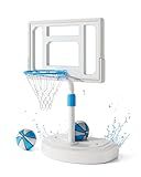 Pool Basketball Hoop Poolside, Stainless Steel Adjustable Swimming Pool Basketball Goal with 32 Inch Shatterproof Backboard, Poolside Water Basketball Hoop, 2 Balls & Pump Included