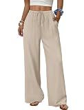 Sampeel Linen Pants Women Wide Leg Palazzo Pants Flowy Casual Summer Outfits Fashion Beach Vacation Clothes Plus Size Spring Drawstring Elastic Waist Trouser Khaki XL
