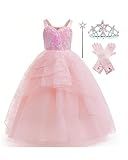 Xefenki Good Witch Glinda Costume Dress for Girls Halloween Cosplay Outfits With Crown Magic Wand and Gloves