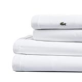Lacoste 100% Cotton Percale 4-Piece Sheet Set – Cool, Crisp, Matte, and Durable, Oeko-Tex Certified – Solid, White, Queen