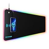 Schkner RGB Gaming Mouse Pad with Wireless Charging 15W, Large Desk Mat 800x300x4mm, 10 Light Modes Keyboard Pad with Non-Slip Rubber Base, Waterproof Mousepad for Gaming PC MacBook Laptop
