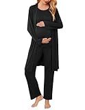 Ekouaer Maternity Nursing Robe Set 3 Pieces Sleeveless Top, Pregnancy Pants & Robe Double Layer Pajamas Black M