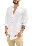 Makkrom Men Linen Shirt Button Down Long Sleeve Cotton Beach Band Collar Casual Summer Shirts
