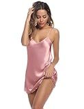 Litherday Women's Satin Nightgown Silk Slip Dress Sleepwear Sexy V Neck Negligee Lingerie Short Nightwear Dark Pink