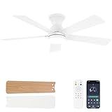 Dolavast Ceiling Fans with Lights and Remote, 48 Inch Ceiling Fan with Light, Low Profile, Reversible, Dimmable LED, Flush Mount, Quiet, DC Motor, White Ceiling Fan for Bedroom, Kitchen, Dining Room