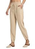 AVICHIC Women’s Linen Pants Joggers Lightweight Cotton Lounge Travel Beach Casual Linen Pants with Pockets 28" Khaki 3XL