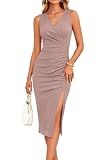 IHOT Wedding Guest Dresses for Women 2026 Deep V Neck Sleeveless Ruched Bodycon Side Slit Ruched Bodycon Night Out Cocktail Party Semi Formal Dress Below Knee Length Nude Pink Medium