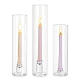 Glasseam Hurricane Taper Candle Holders: Set of 3 Glass Candlestick Holders with Clear Tall Cylinder Candle Sleeves for Centerpiece Table Outdoor Wedding Home Decor 9.84''/11.84''/13.78''