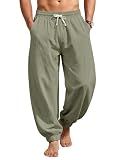 TRFIC Men's Cotton Linen Pants Casual Lantern Pants Summer Elastic Waist Jogger Yoga Trousers with Pockets Army Green