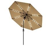Garvee 9 FT Patio Umbrella with Solar Lights, Outdoor Table Umbrella with 8 Durable Ribs, Tilt & Crank Mechanism, Waterproof & UV Protection for Garden, Backyard, Poolside, Tan