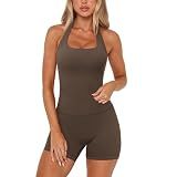 SUUKSESS Women 2 Piece Workout Sets Halter Neck Yoga Tops Gym Biker Shorts (Brown, M)