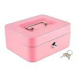 Kyodoled Medium Cash Box with Money Tray,Small Safe Lock Box with Key, Drawer,7.87"x 6.30"x 3.54" Pink